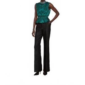 NEW SALONI embossed floral satin top in dark emerald
